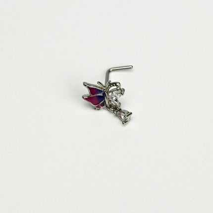 20G 7mm Clear Gem Purples Dazzling Butterfly L Shape Nose Ring