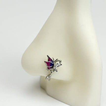 20G 7mm Clear Gem Purples Dazzling Butterfly L Shape Nose Ring