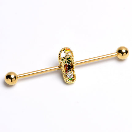 14G Clear Gem Gold Tone Beach Sandal Industrial Barbell 38mm