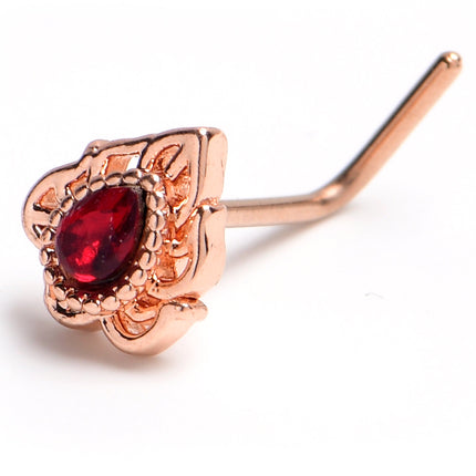20G 7mm Red Gem Rose Gold Tone Simple Drop L Shape Nose Ring