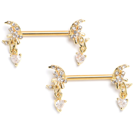 14G 9/16 Clear CZ Gem Gold Tone Moon Bow Heart Dangle Nipple Ring Set