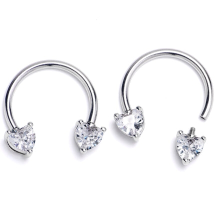 14G 9/16 Clear CZ Gem Heart Internally Threaded Horseshoe Set