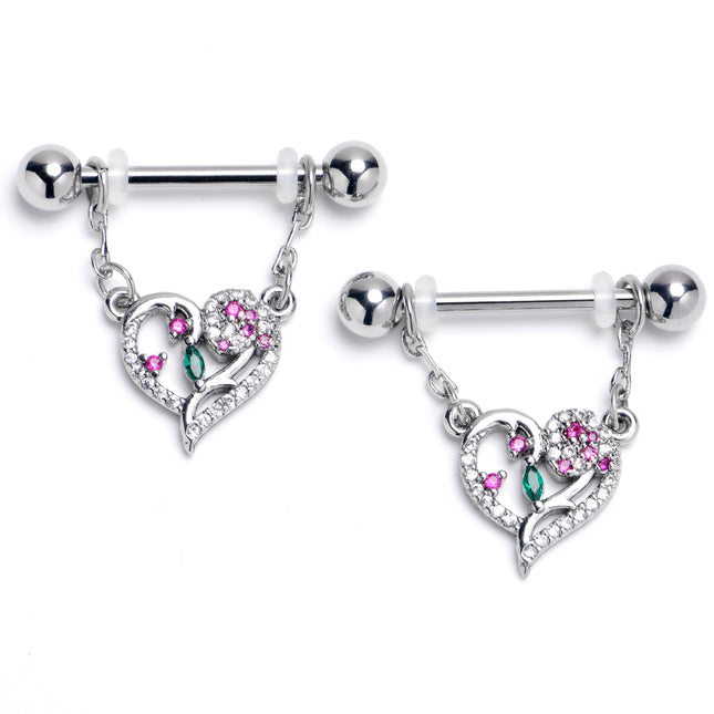 14G 9/16 Emerald Passion CZ Gem Heart Dangle Nipple Ring Set