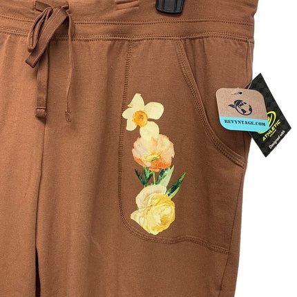 Hand Printed New Athletic Works Womens Large Petite Yellow Flowers Yoga Pants