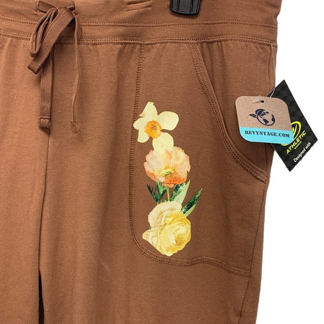 Hand Printed New Athletic Works Womens Large Petite Yellow Flowers Yoga Pants