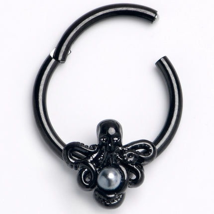 16G 3/8 Black  Faux Pearl Treasure Octopus Hinged Segment Ring