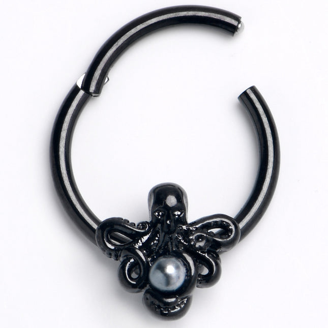 16G 3/8 Black  Faux Pearl Treasure Octopus Hinged Segment Ring