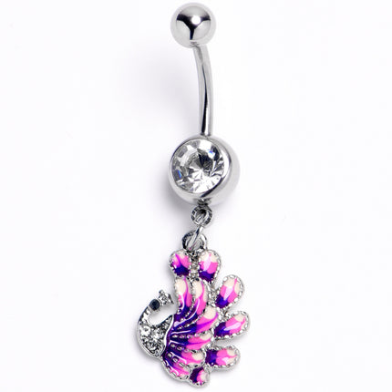 Clear Gem Peacock Purple Dangle Belly Ring