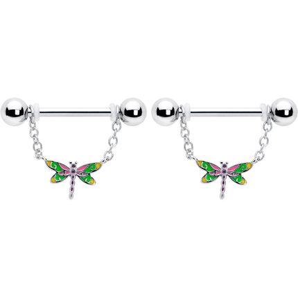 14G 9/16 Dragonfly Colors Chain Dangle Nipple Ring Set