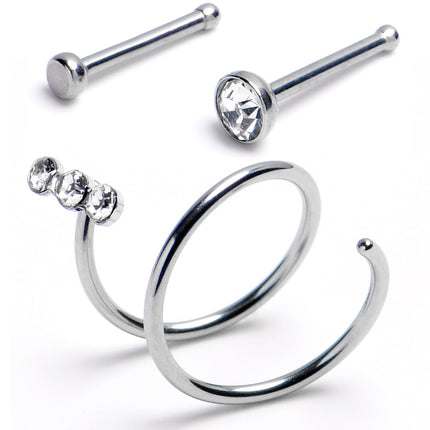 20G Nose Bone Triple Gem Twister Double Nose Hoop Ring 3 Pack