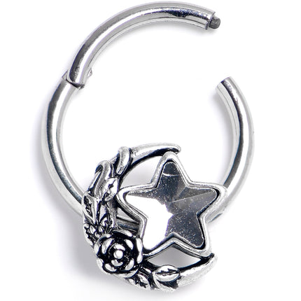 16G 3/8 Clear Gem Ornate Moon Star Hinged Segment Ring