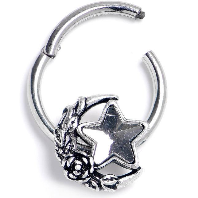 16G 3/8 Clear Gem Ornate Moon Star Hinged Segment Ring