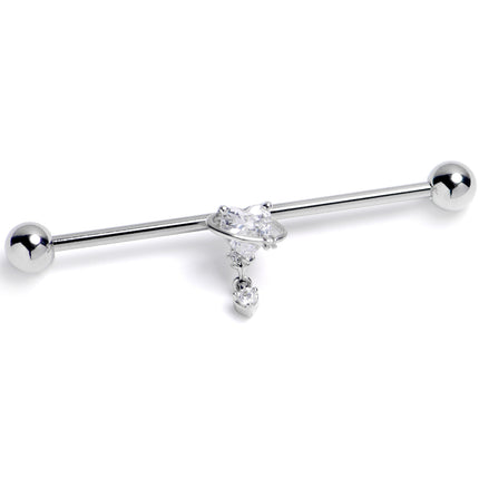 14G Clear CZ Gem Saturn Heart Dangle Industrial Barbell 38mm