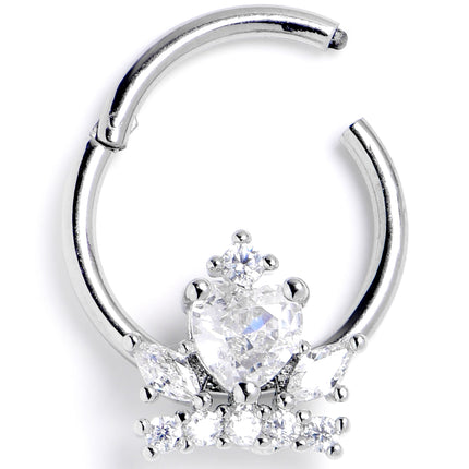 16G 3/8 Clear Gem Heart Crown Hinged Segment Ring