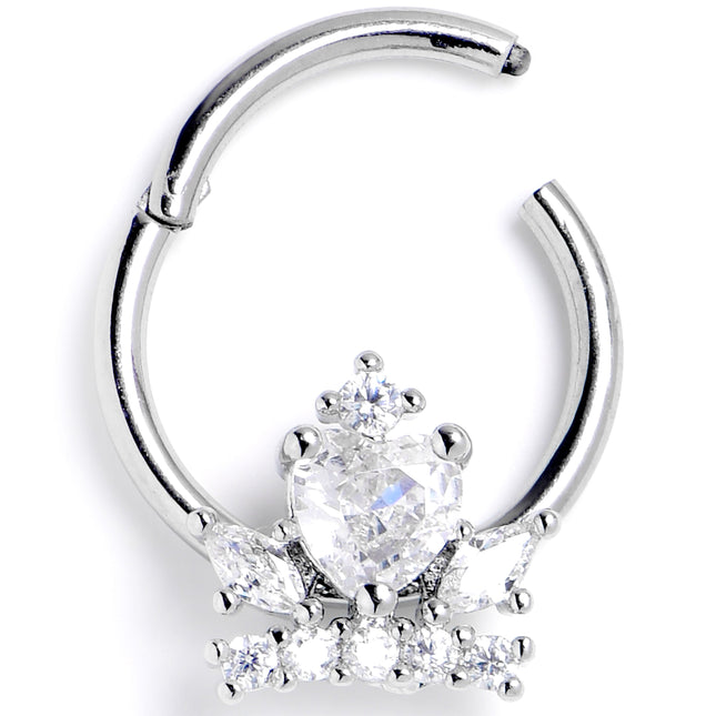 16G 3/8 Clear Gem Heart Crown Hinged Segment Ring