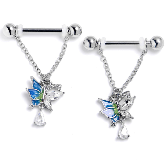 14G 9/16 Clear Gem Dazzling Butterfly Dangle Nipple Ring Set