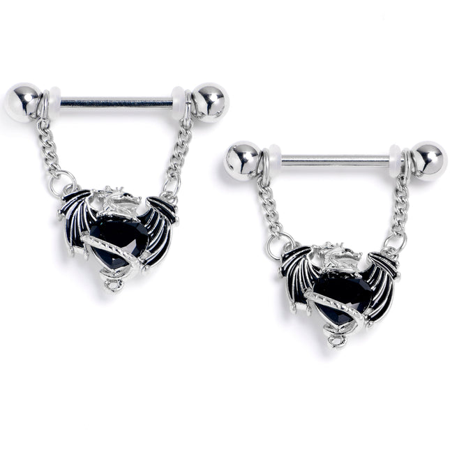 14G 9/16 Black CZ Gem Heart of Dragon Dangle Nipple Ring Set