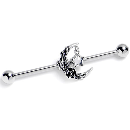 14G Clear Gem Ornate Moon Star Industrial Barbell 38mm