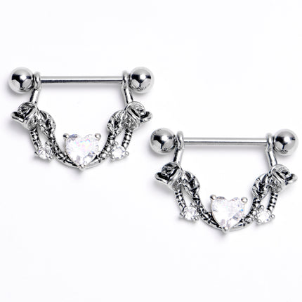 14G 9/16 Clear CZ Gem Serpentine Hearts Dangle Nipple Ring Set