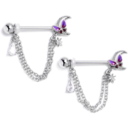 14G 9/16 Clear CZ Gem Butterfly Purple Beauty Dangle Nipple Ring Set