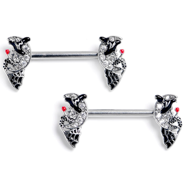 14G 9/16 Clear Gem Crescent Moon Witch Barbell Nipple Ring Set