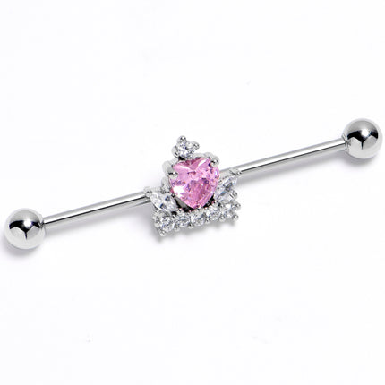 14G Pink Clear CZ Gem Heart Crown Industrial Barbell 38mm
