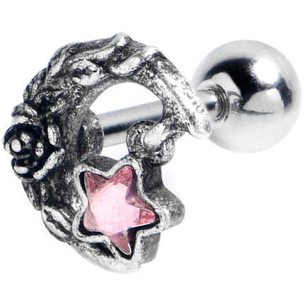 16G 1/4 Pink Gem Ornate Moon Star Cartilage Tragus Earring
