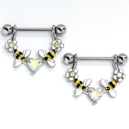 14G 9/16 Aurora Gem Heart Bees Flowers Dangle Nipple Ring Set