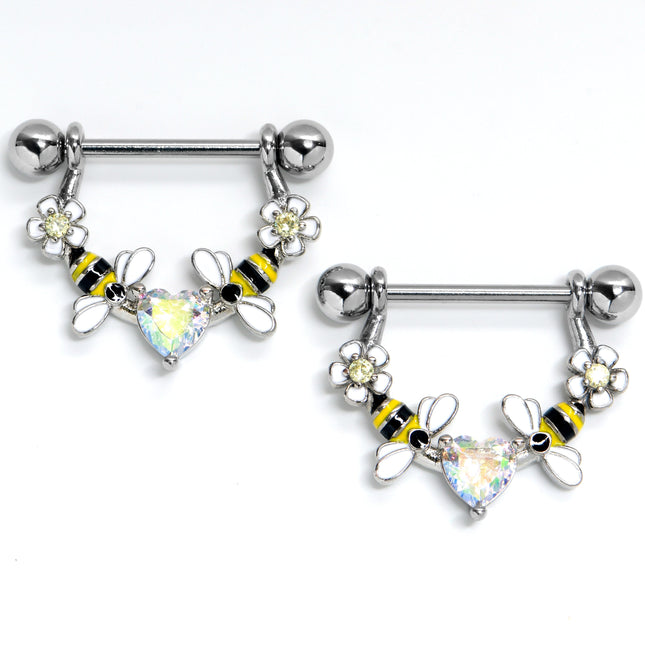 14G 9/16 Aurora Gem Heart Bees Flowers Dangle Nipple Ring Set