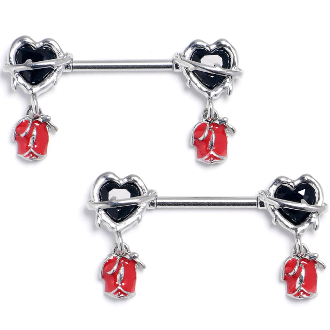 14G 9/16 Barbed Heart Rose Dangle Nipple Ring Set