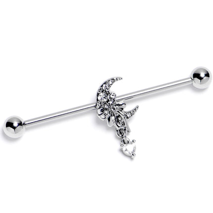 14G Clear CZ Gem Moon Bow Heart Dangle Industrial Barbell 38mm
