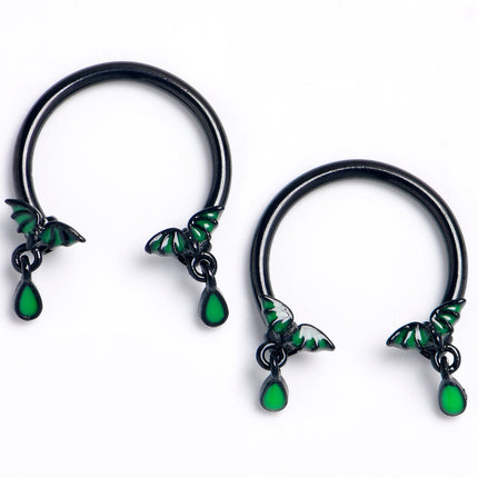 16G 3/8 Black Bat Wings Dangle Horseshoe Circular Barbell Set of2