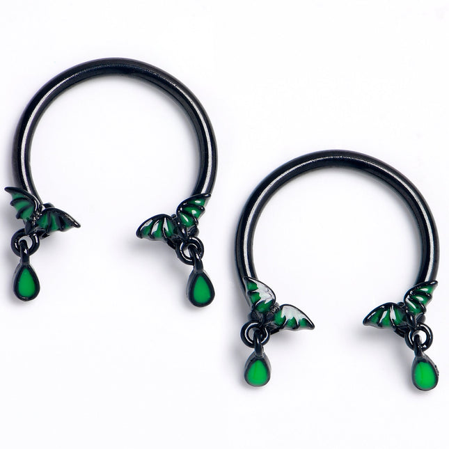 16G 3/8 Black Bat Wings Dangle Horseshoe Circular Barbell Set of2