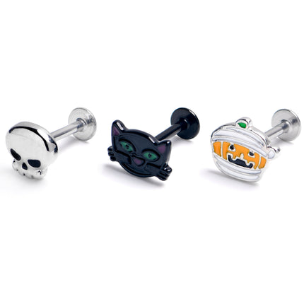 16G 5/16 Black Cat Skull Halloween Labret Monroe Tragus Set of3