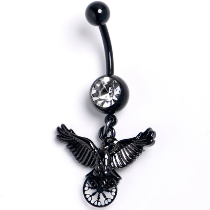 Clear Gem Black Raven Bird Wheel Dangle Belly Ring
