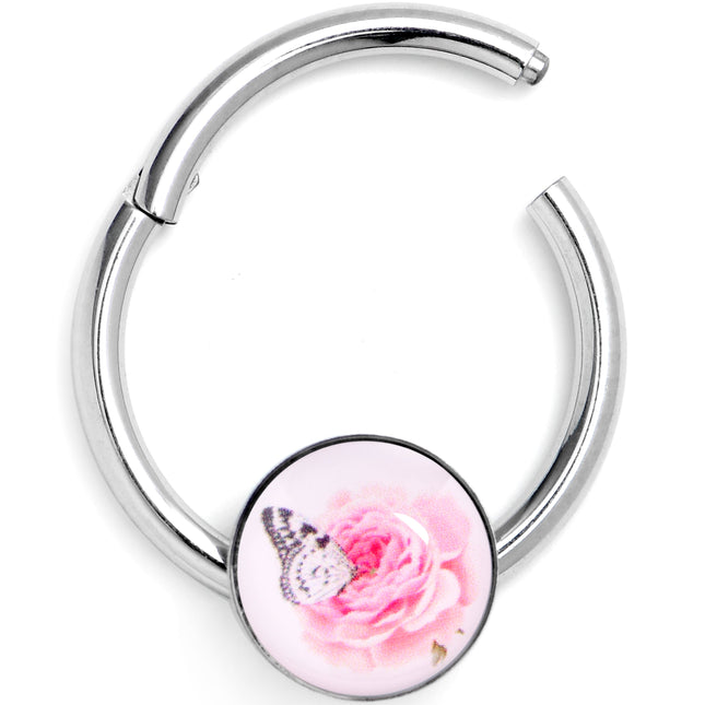 16G 3/8 Butterfly Pink Rose Hinged Segment Ring