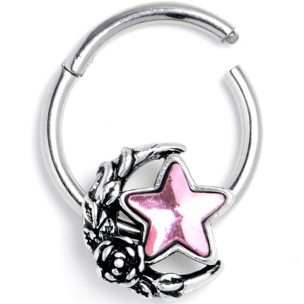 16G 3/8 Pink Gem Ornate Moon Star Hinged Segment Ring