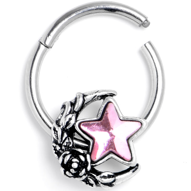 16G 3/8 Pink Gem Ornate Moon Star Hinged Segment Ring
