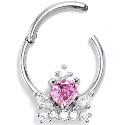 16G 3/8 Pink Clear CZ Gem Crown Heart Hinged Segment Ring