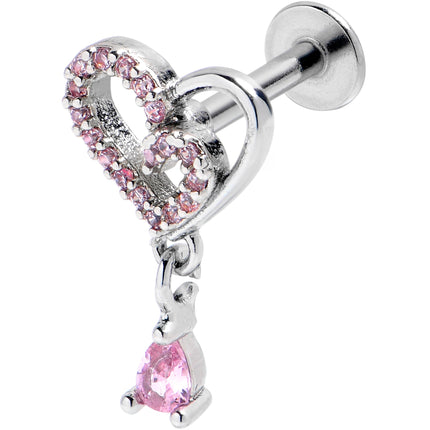 16G 5/16 Pink CZ Gem Asymmetrical Heart Dangle Labret Tragus