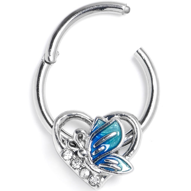 16G 3/8 Clear Gem Butterfly Love Heart Blue Hinged Segment Ring