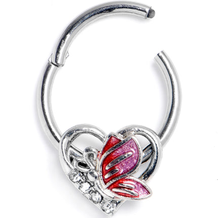 16G 3/8 Clear Gem Butterfly Love Heart Pink Hinged Segment Ring