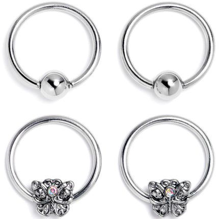 16G 3/8 Aurora Gem Butterfly Ornate BCR Captive Ring Set of 4
