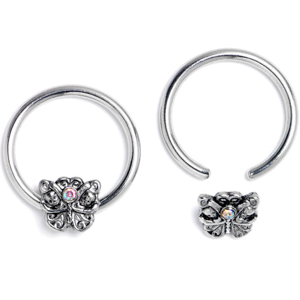 16G 3/8 Aurora Gem Butterfly Ornate BCR Captive Ring Set of 4