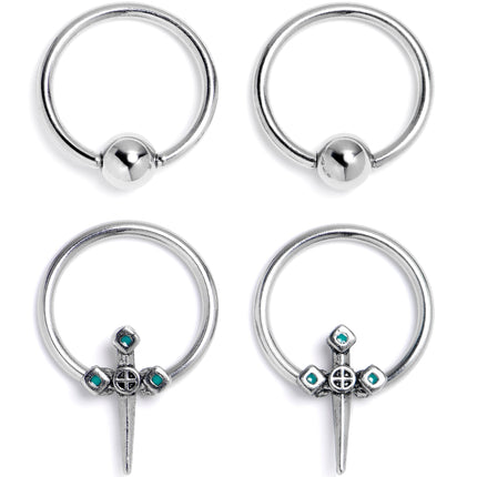 16G 3/8 Dagger Design Green BCR Captive Ring Set of 4