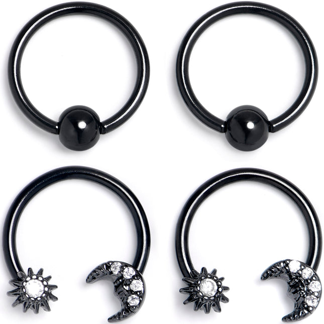 16G 3/8 Clear Gem Black Moon Sun BCR Captive Horseshoe Set of 4