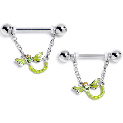 14G 9/16 Green Gem Glitter Dragonfly Dangle Nipple Ring Set
