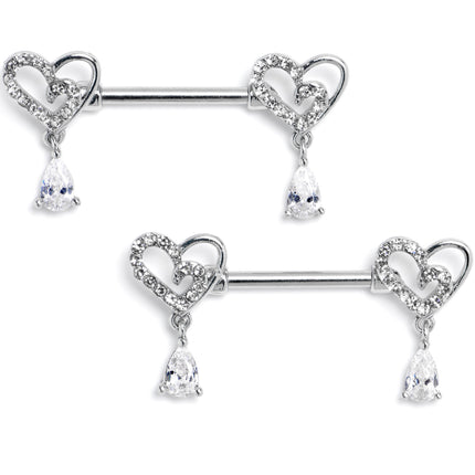14G 9/16 Clear CZ Gem Asymmetrical Heart Dangle Nipple Ring Set