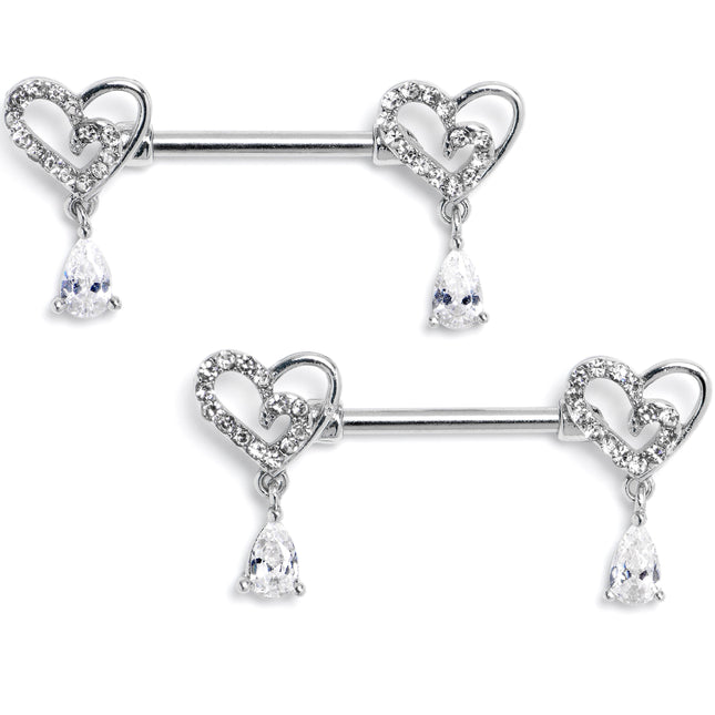 14G 9/16 Clear CZ Gem Asymmetrical Heart Dangle Nipple Ring Set