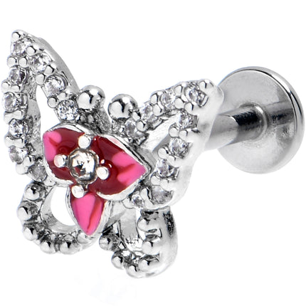 16G 5/16 Clear Gem Fabulous Butterfly Pink Labret Monroe Tragus